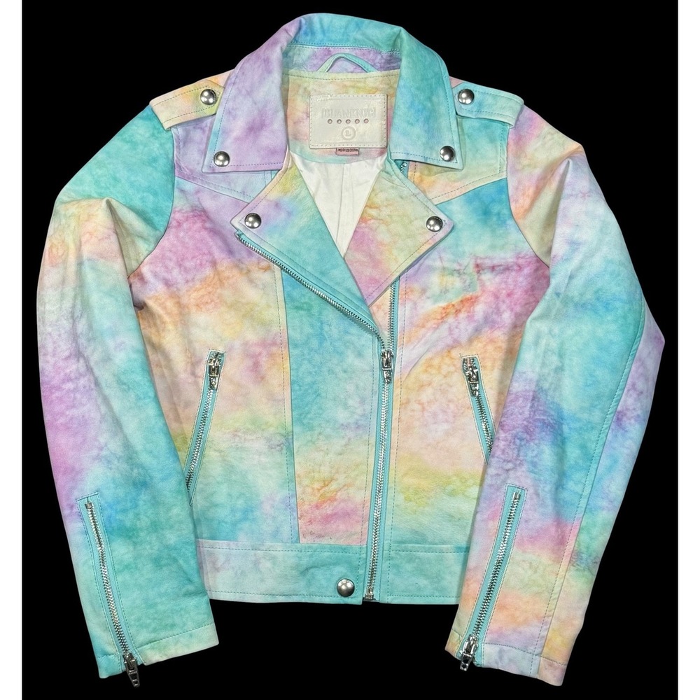 Blank NYC Girls Pastel Tie Dye Faux Leather Moto Jacket Zip Front Size 12 Large